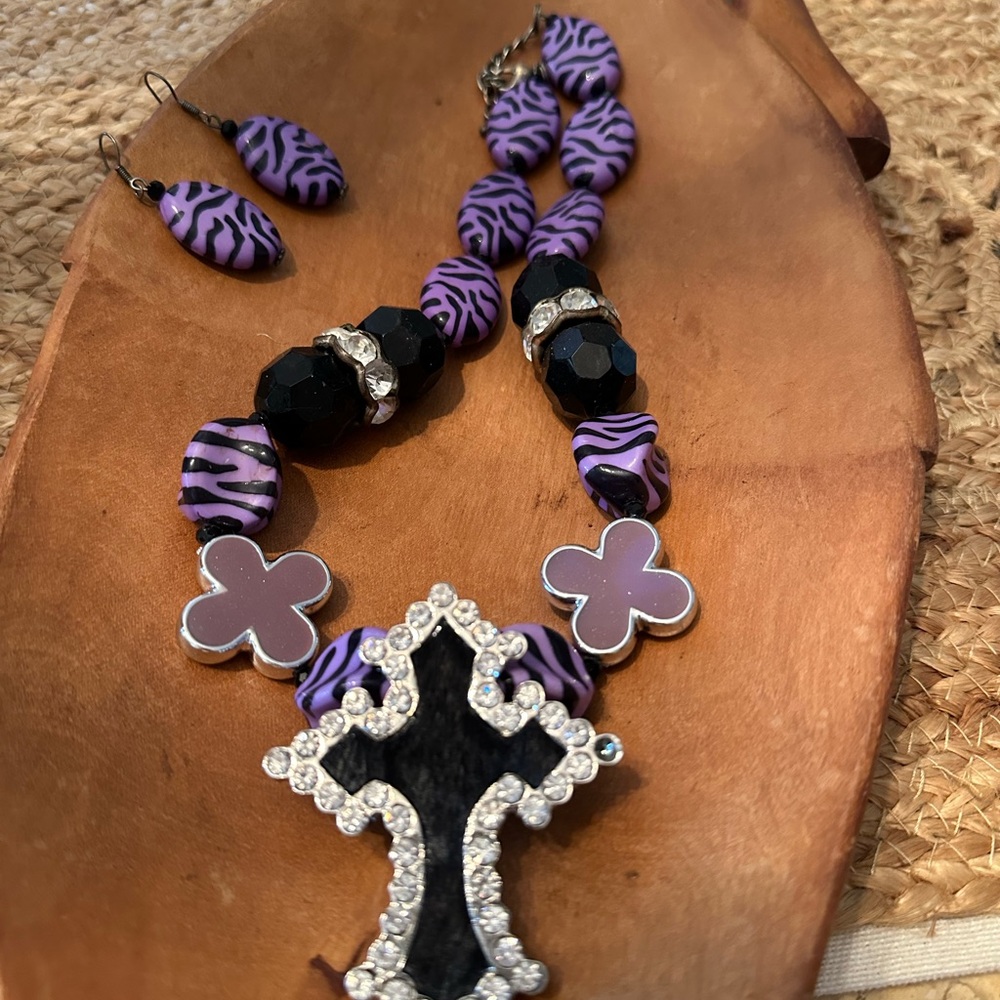 Purple and Black Cross Necklace and Earring Set